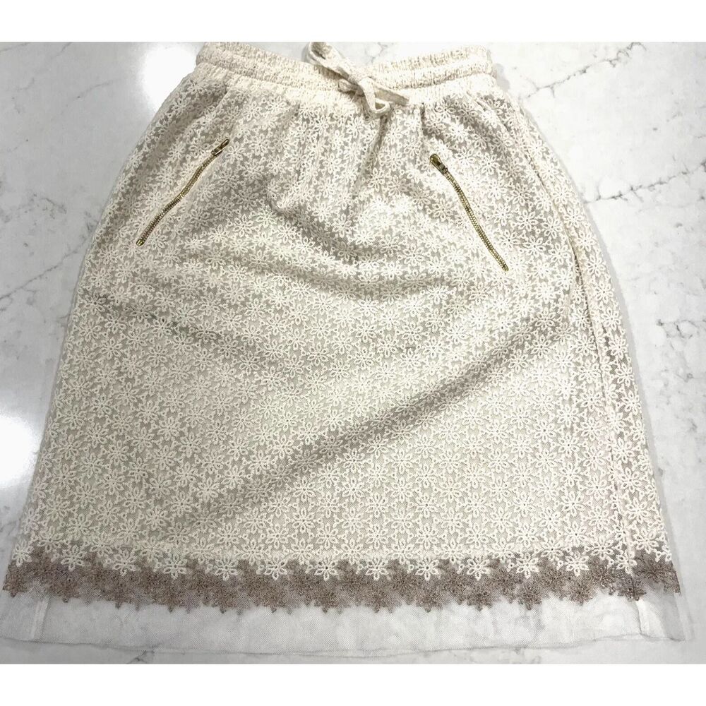 Mudo Collection Small Cream Lace Crochet Overlay Knee Skirt‎ Zip Pockets Boho